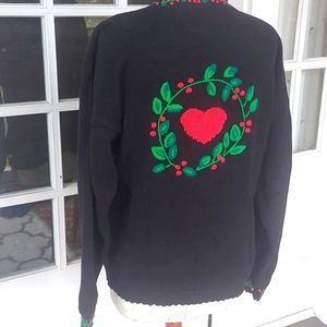 The Eagle's Eye Vintage 90s 100% Cotton Black Holiday Heart Cardigan Sweater LG